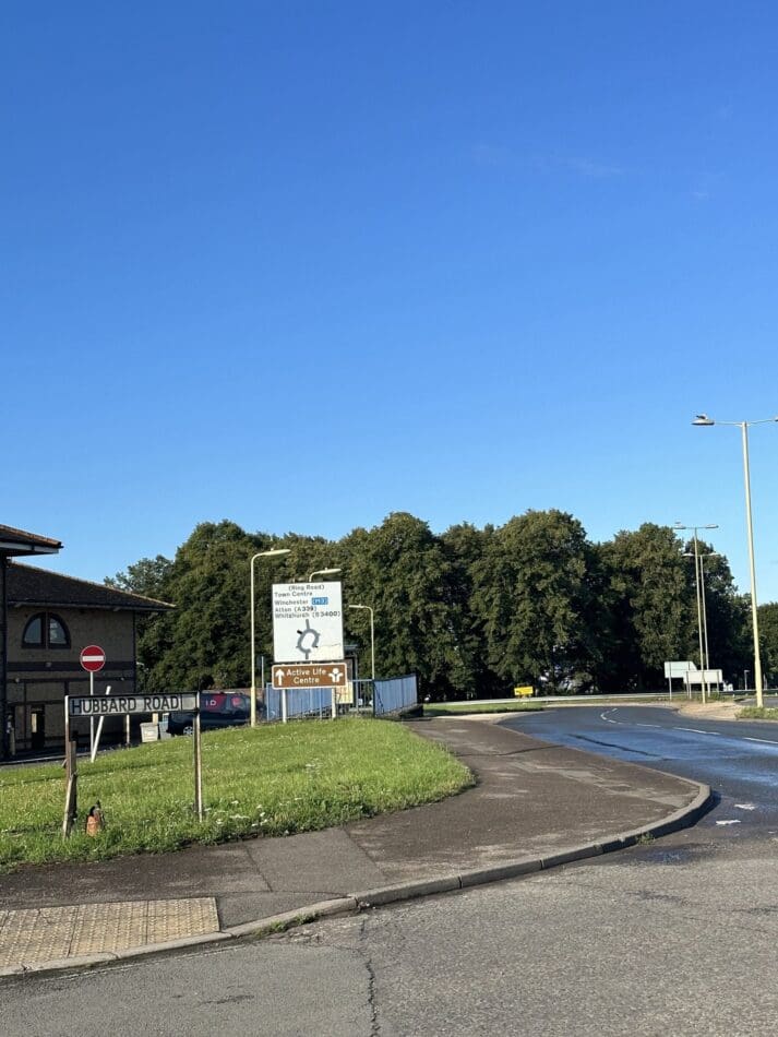 The view from the A339 Aldermaston Road South onto Hubbard Road. If you head onto the Houndmills Roundabout you have gone too far!